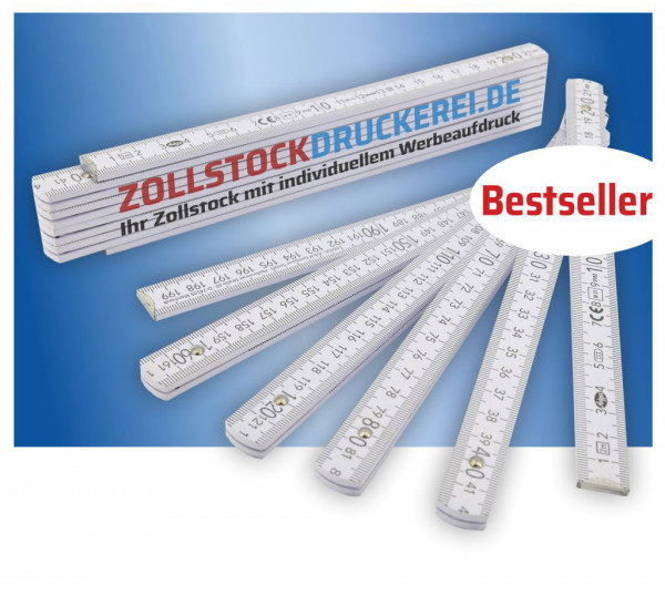 HOLZ-ZOLLSTOCK 2 m weiß Sonderausstattung 90°-Winkeleinrastung, individuell bedruckt
